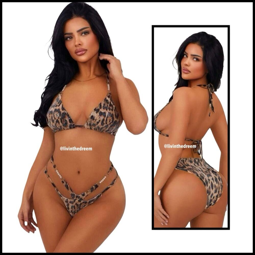 Boutique Leopard Print Sequin & Pearl Bikini Set XL / L Set $75